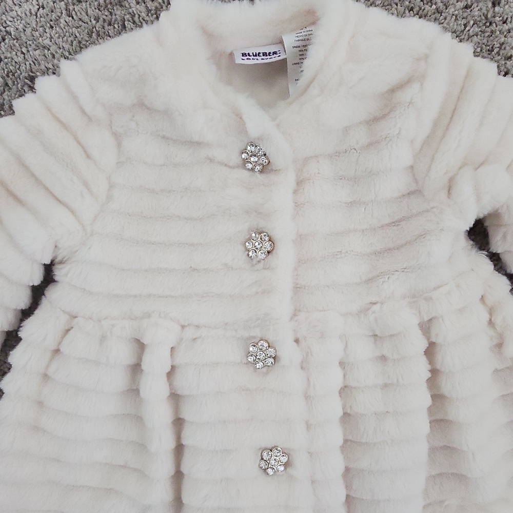 Blueberi Boulevard Ivory Faux Fur Dress Coat with Rhinestone Accent - Picture 2 of 9